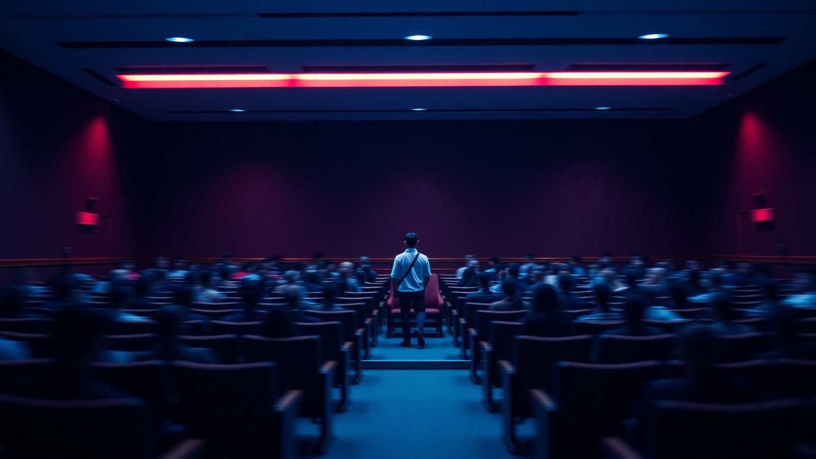 Amphithéâtre universitaire avec un étudiant au centre